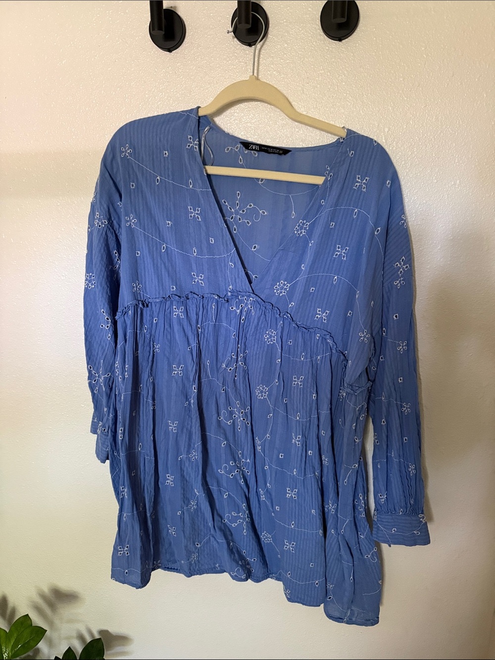 Zara Light Blue Embroidered V-Neck Dress